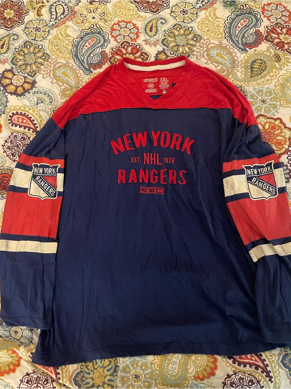 CCM New York Rangers Navy and Red Long Sleeve Hockey Tee